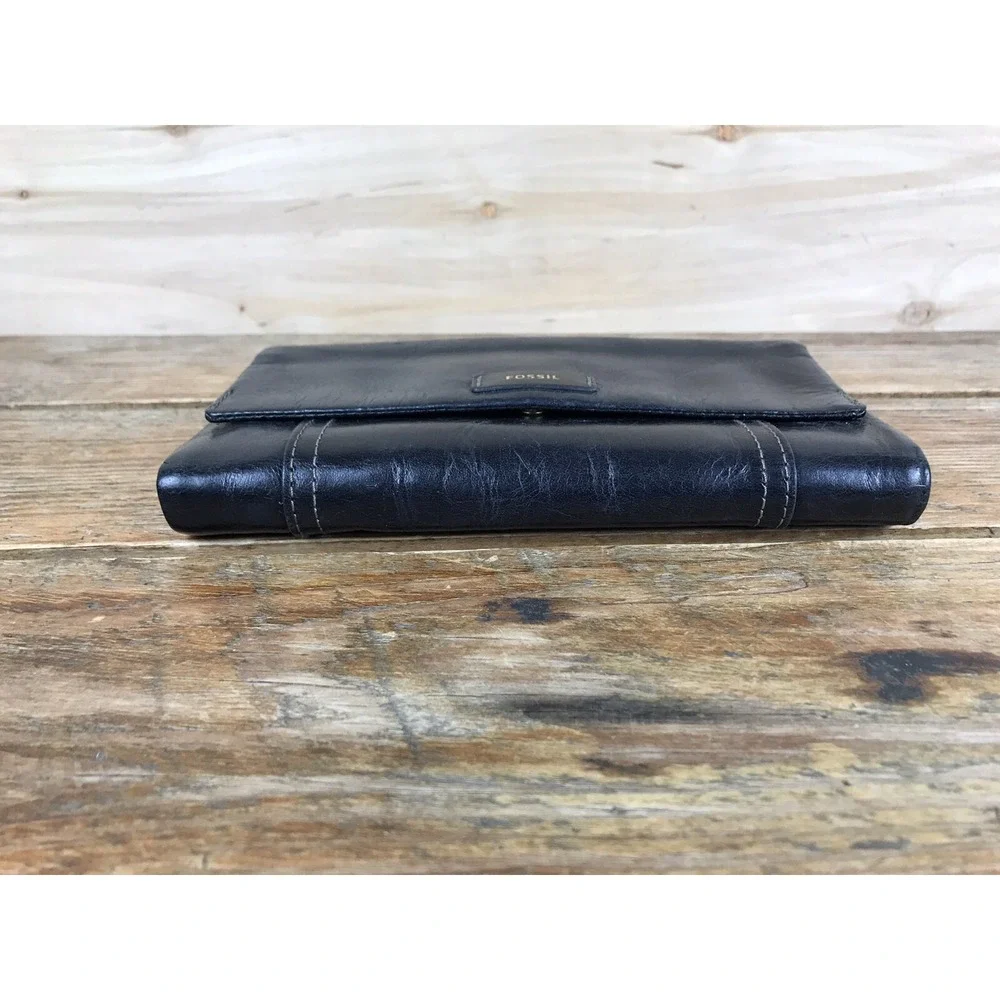 Fossil Vintage Long Bifold Soft Black Leather Wallet Coin Zip EUC